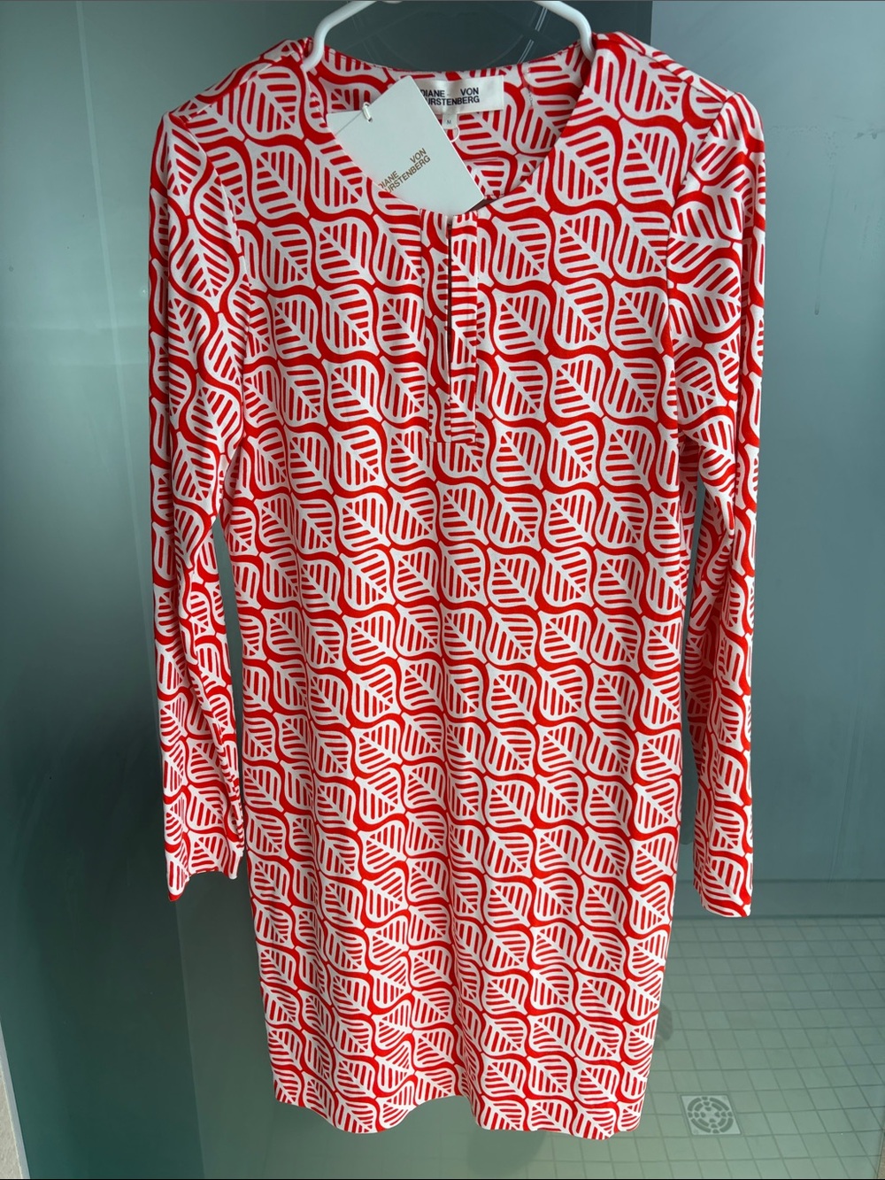 Diane Von Furstenberg orange and White Geometric Print Long-Sleeve Dress